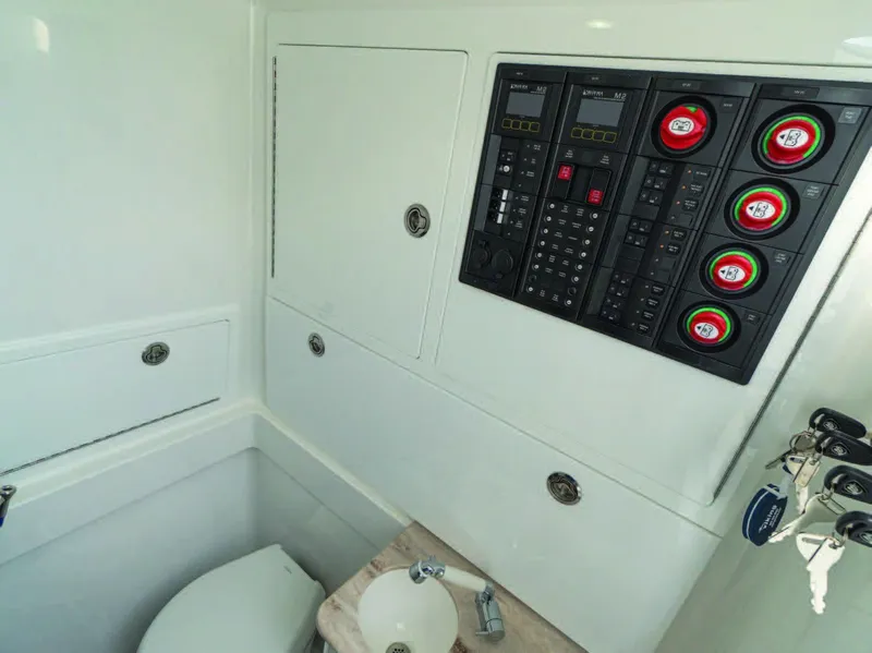 Slide: The Image of 2025 Valhalla Boatworks V-41 control panel and bathroom interior. - 24
