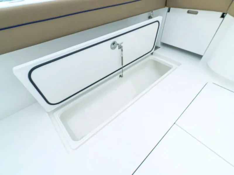 Slide: The Image of Valhalla Boatworks V-41 2025 model storage compartment with open hatch. - 4