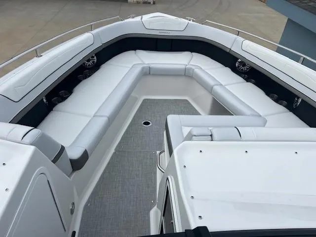 Slide: The Image of 2025 Formula 350 Crossover Bowrider I/O, spacious seating area, luxury boat interior. - 13