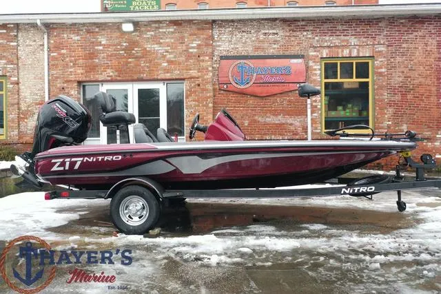 Slide: The Image of 2024 Nitro Z17 boat on trailer at Thayer's Marine. - 27
