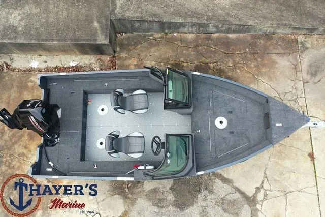 Slide: The Image of 2024 Lund 1650 Angler Sport fishing boat, aerial view, Thayer's Marine logo. - 4