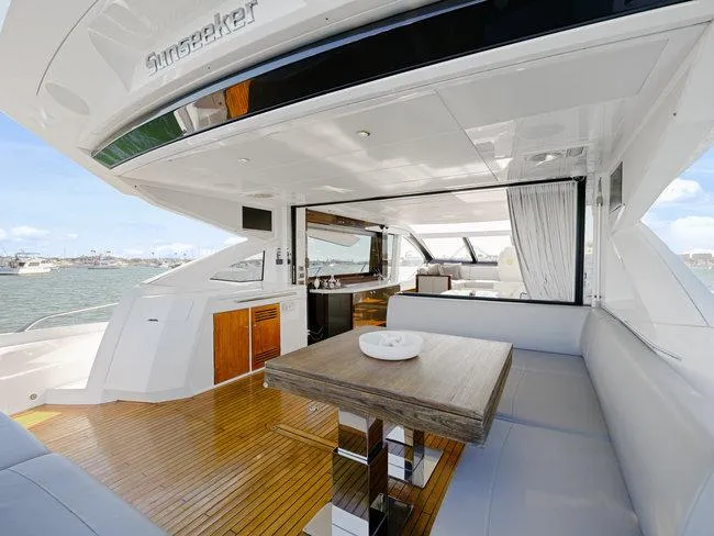 Slide: The Image of 2018 Sunseeker Predator 74 yacht interior with wooden table and seating area. - 39