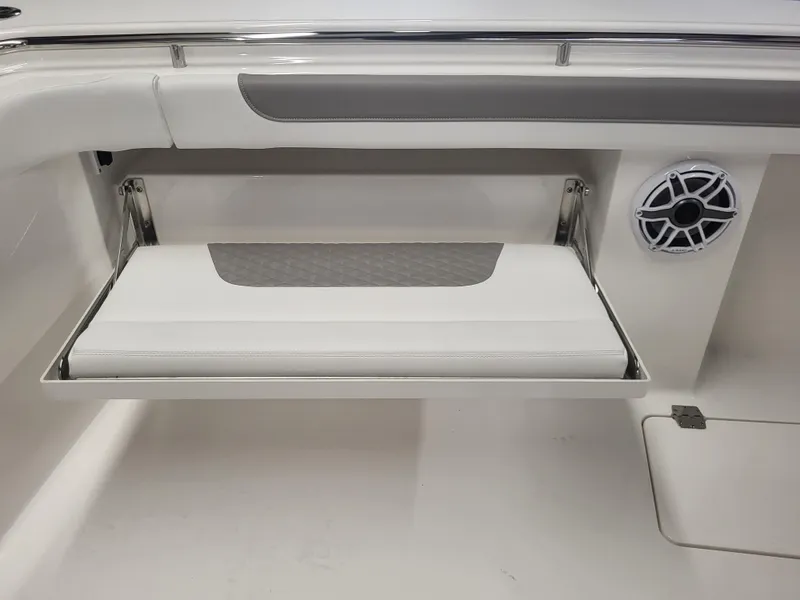 Slide: The Image of Fold-down seat and speaker on 2024 Caymas 34 CT boat. - 17