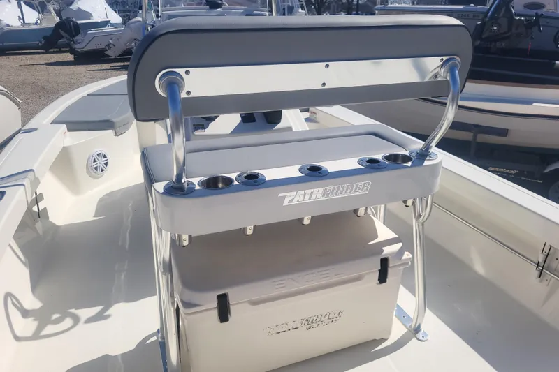 Slide: The Image of 2024 Pathfinder 2200 TRS boat interior with seating and storage features. - 15
