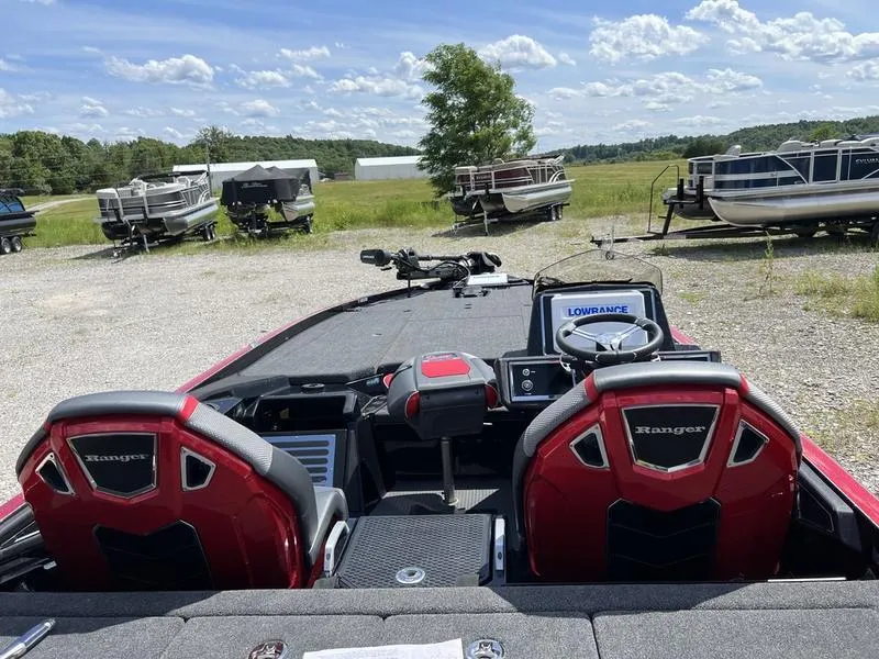 Slide: The Image of 2024 Ranger Z521R Ranger Cup Equipped boat with red seats and Lowrance electronics. - 3