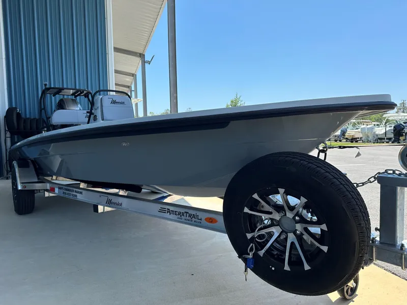 Slide: The Image of 2024 Maverick 18 HPX-V boat on trailer, side view. - 16