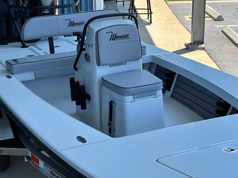 Slide: The Image of 2024 Maverick 18 HPX-V boat interior with seating and storage compartments. - 2