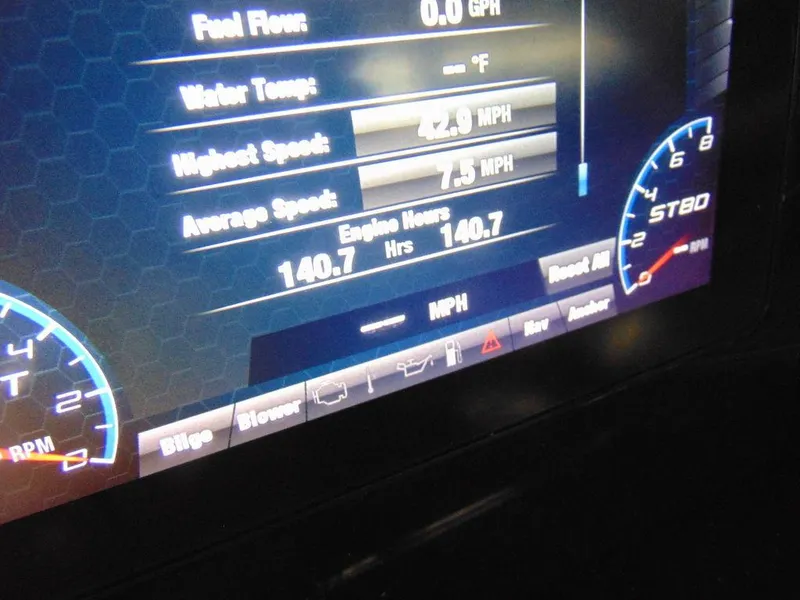 Slide: The Image of Yamaha Boats 2020 212X dashboard display showing speed, engine hours, and water temperature. - 12