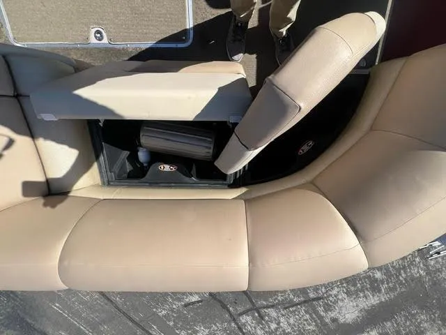 Slide: The Image of 2014 Harris FloteBote Grand Mariner 250 beige seating with storage compartment. - 28