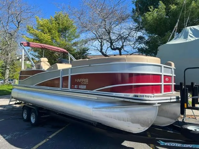 Slide: The Image of 2014 Harris FloteBote Grand Mariner 250 pontoon boat on trailer. - 5