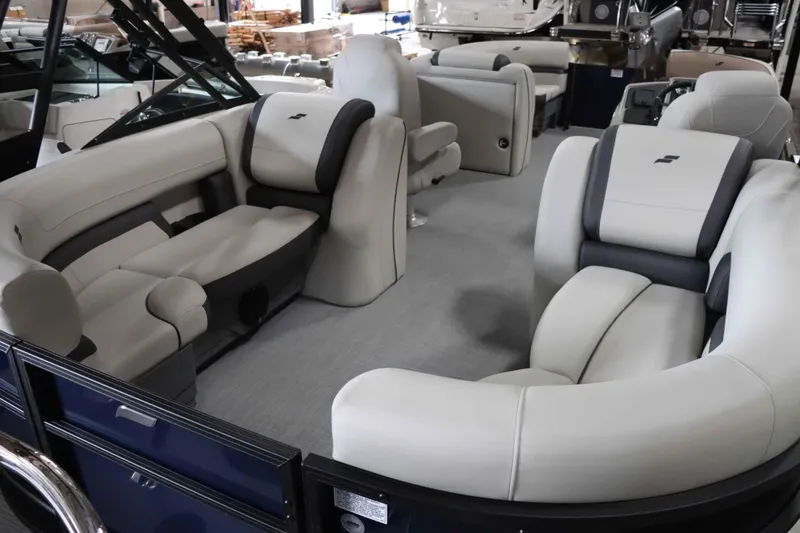 Slide: The Image of Luxurious interior of 2025 Starcraft EXS 3 boat with plush seating. - 28