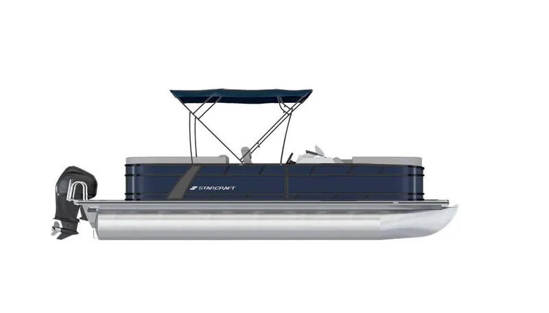 Slide: The Image of 2025 Starcraft EXS 3 pontoon boat with blue exterior and canopy. - 31