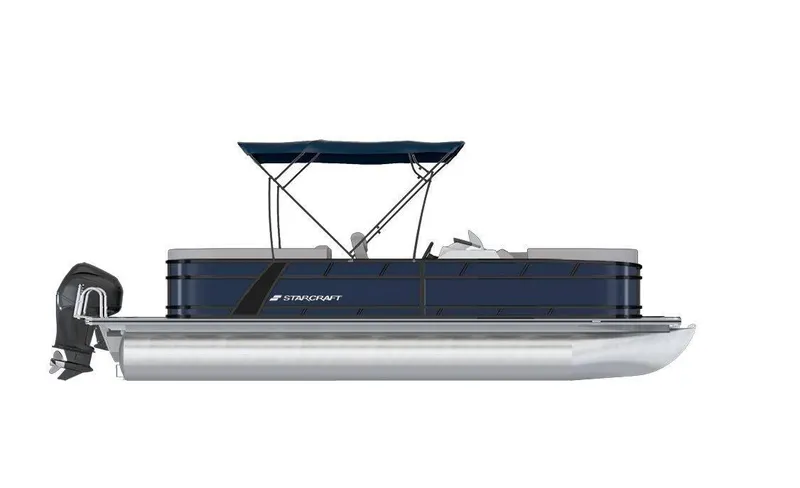 Slide: The Image of 2025 Starcraft EXS 3 pontoon boat with blue exterior and canopy. - 21