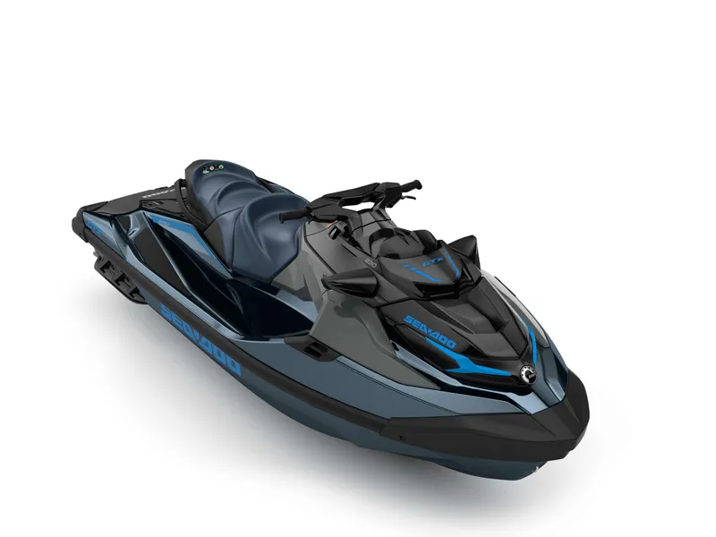 Slide: The Image of 2024 Sea-Doo GTX 230 jet ski, sleek design, black and blue color scheme. - 1