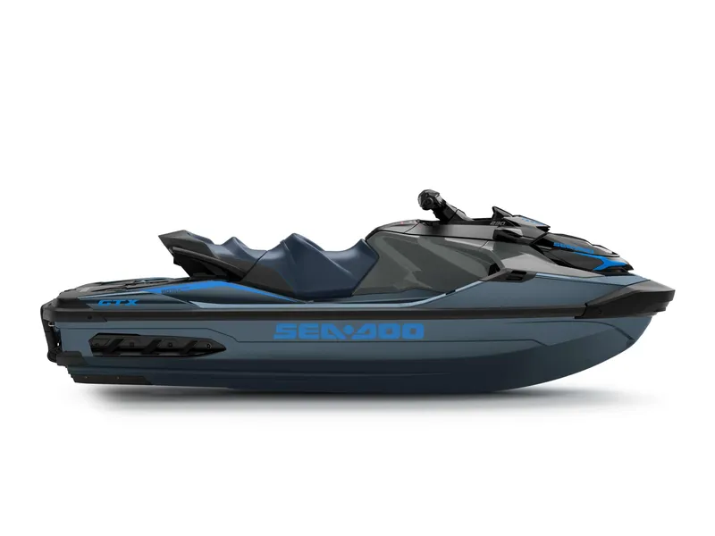 Slide: The Image of 2024 Sea-Doo GTX 230 jet ski, sleek design, side view, blue and black color scheme. - 2