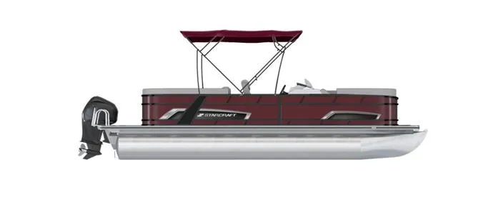Slide: The Image of 2024 Starcraft EXS 3 pontoon boat with maroon canopy and outboard motor. - 17