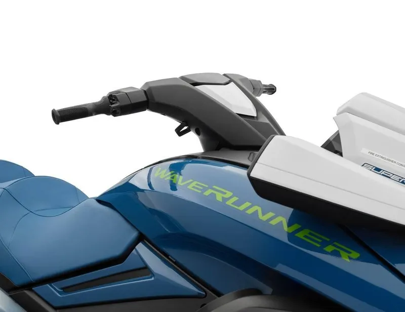 Slide: The Image of 2024 Waverunner FX CRUISER SVHO A, blue jet ski handlebar and seat close-up. - 8