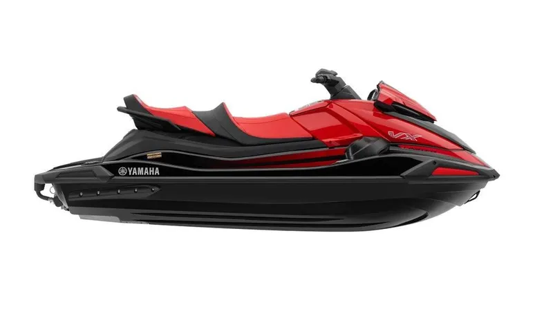 Slide: The Image of 2024 Waverunner VX LIMITED jet ski, red and black, side view. - 2