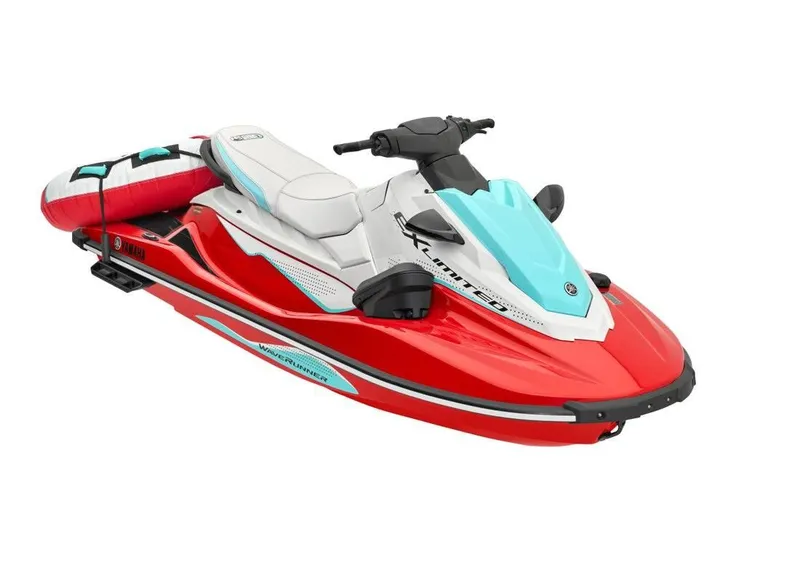 Slide: The Image of 2024 Waverunner EX LIMITED jet ski in red, white, and aqua with attached inflatable. - 1