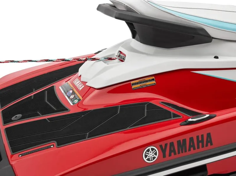 Slide: The Image of 2024 Waverunner EX LIMITED jet ski, red and white, close-up view. - 2