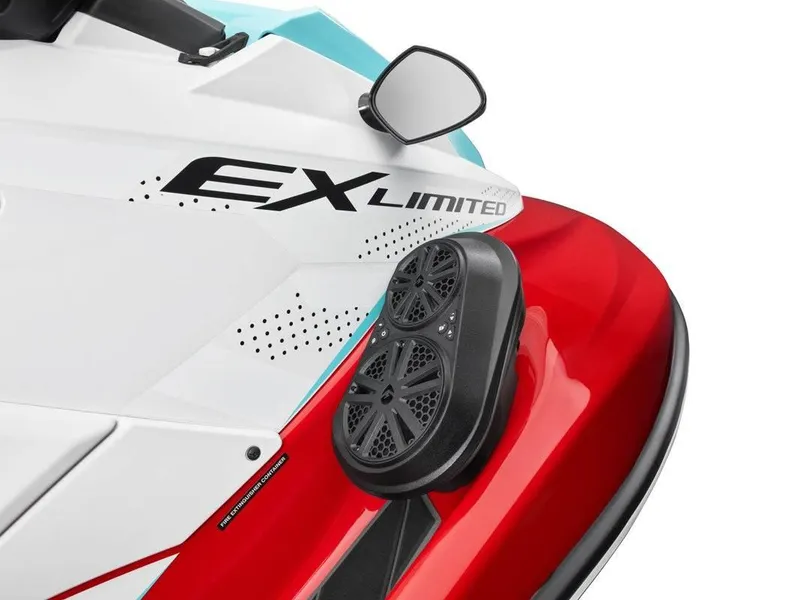 Slide: The Image of 2024 Waverunner EX LIMITED jet ski with speakers, white and red design. - 8