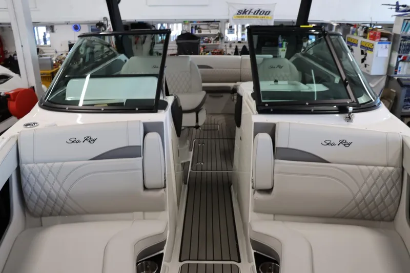 Slide: The Image of Interior of 2024 Sea Ray 280SLX boat with luxurious seating and modern design. - 12