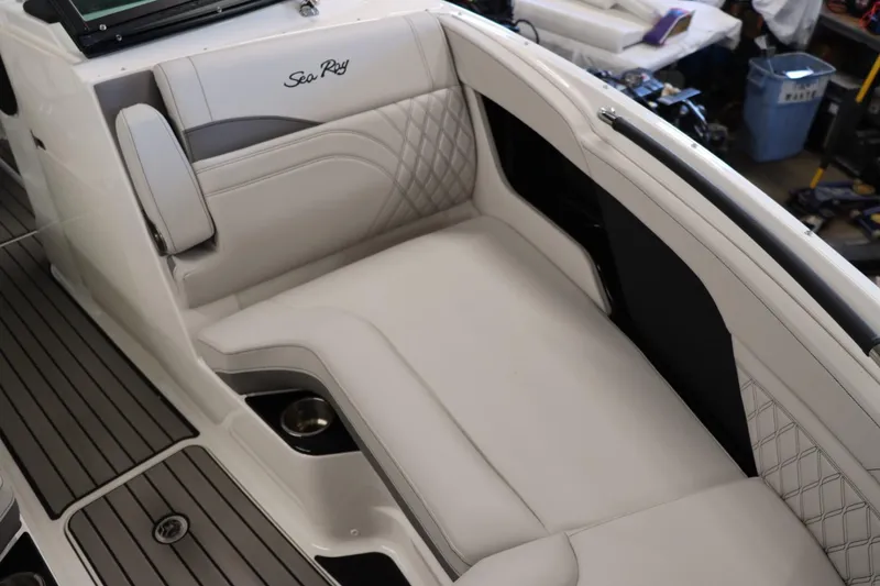 Slide: The Image of 2024 Sea Ray 280SLX boat interior with luxurious seating and modern design. - 14
