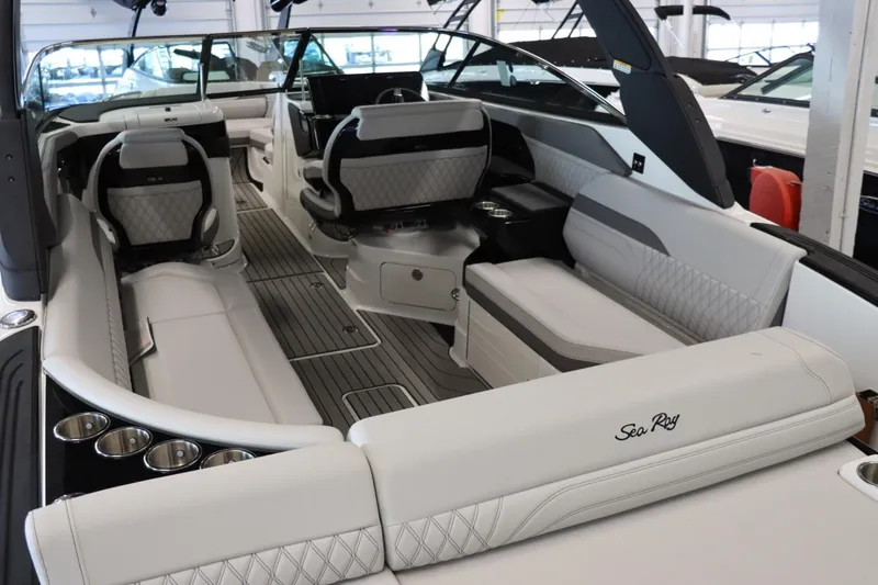 Slide: The Image of Interior of a 2024 Sea Ray 280SLX boat with luxurious seating and modern design. - 15