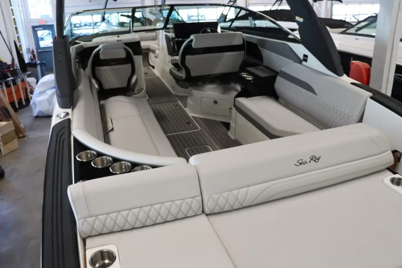 Slide: The Image of Interior of 2024 Sea Ray 280SLX boat with luxurious seating and modern design. - 5