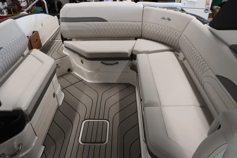 Slide: The Image of Luxurious seating area of the 2024 Sea Ray 280SLX boat with elegant upholstery. - 7