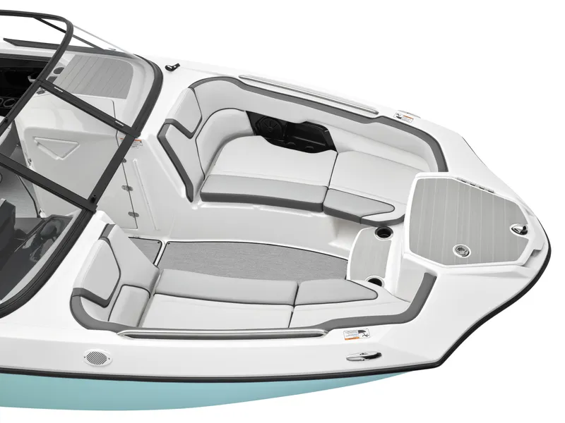 Slide: The Image of 2024 Yamaha Boats AR250 bow seating area with gray and white upholstery. - 33