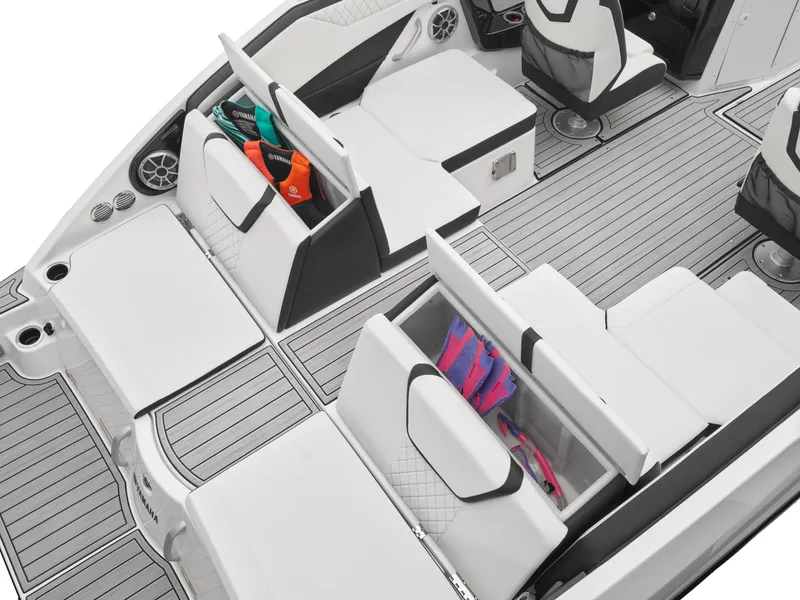 Slide: The Image of 2024 Yamaha Boats 222SD interior with storage compartments and seating. - 25