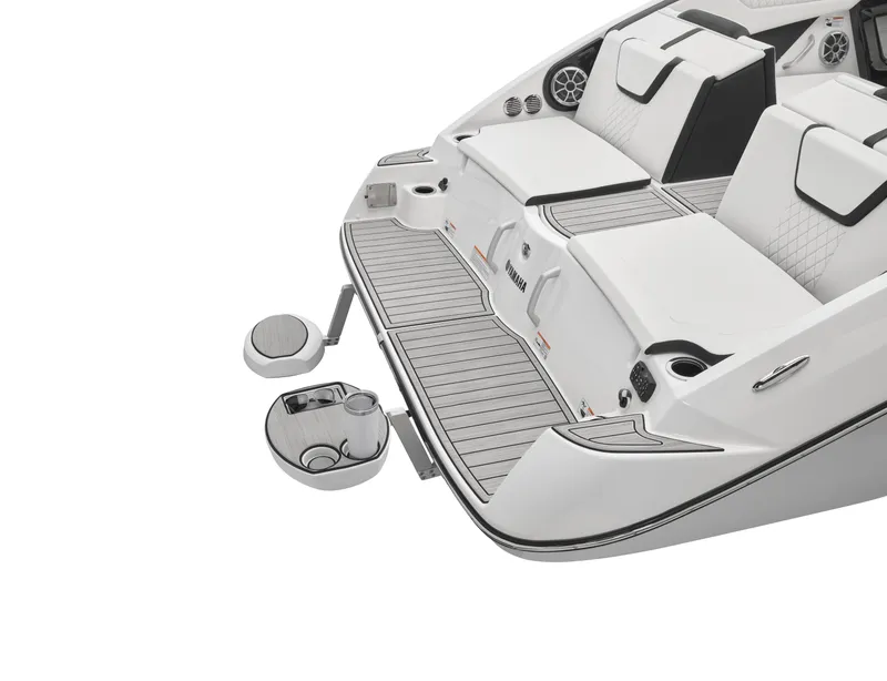 Slide: The Image of 2024 Yamaha Boats 222SD rear seating and swim platform with cup holders. - 26