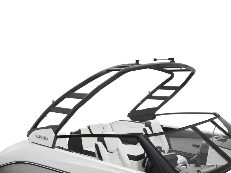 Slide: The Image of 2024 Yamaha Boats 222SD interior with black wakeboard tower and white seating. - 32