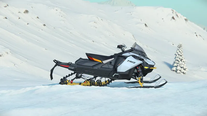 Slide: The Image of 2024 SKI DOO MXZ ADR BLIZZARD 137 850 ETEC snowmobile on snowy mountain terrain. - 6