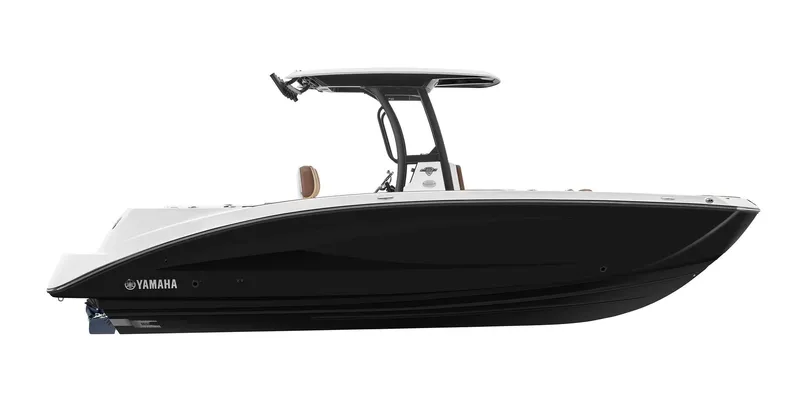Slide: The Image of 2023 Yamaha Boats 255FSH SPORT E, side view, black and white design. - 18