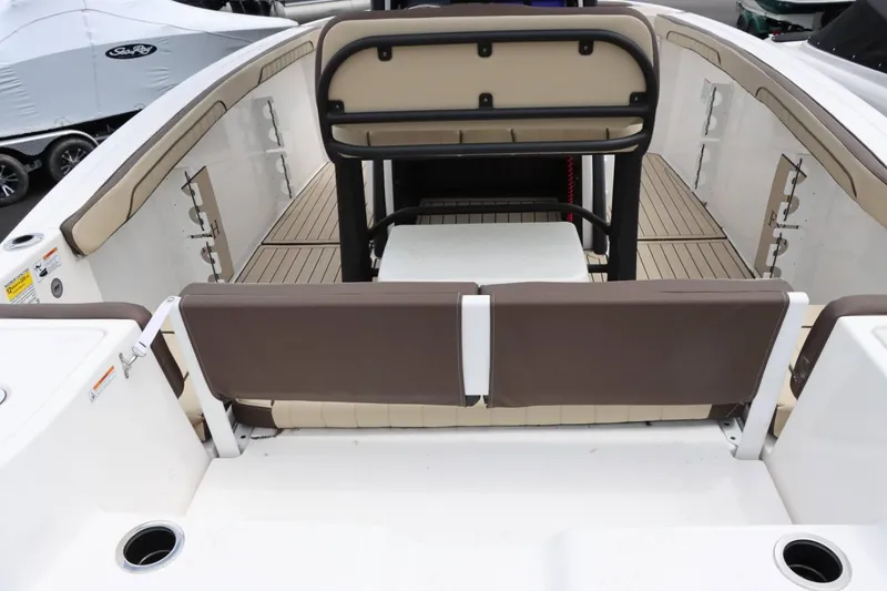 Slide: The Image of 2023 Yamaha Boats 255FSH SPORT E interior seating and deck view. - 8