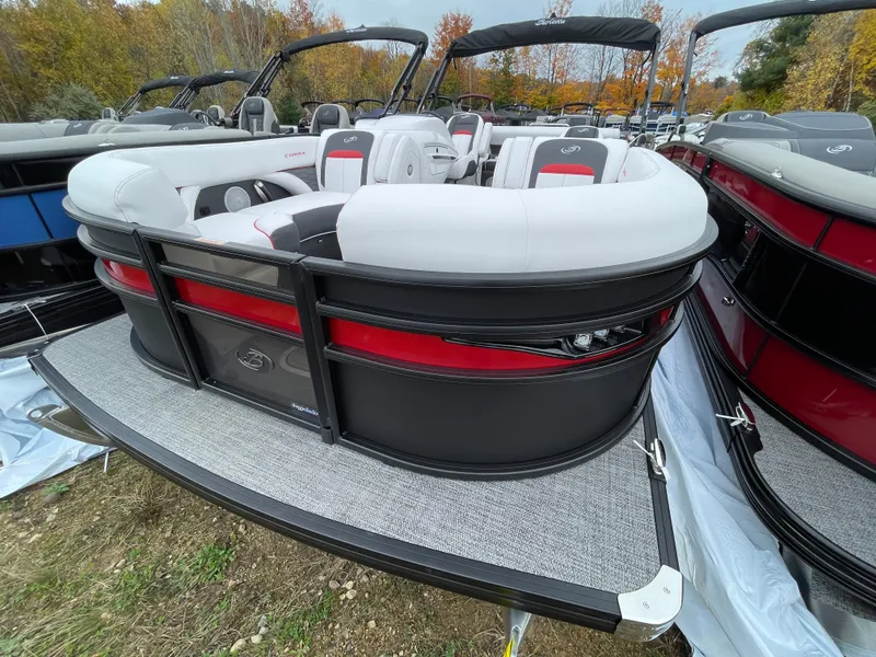 Slide: The Image of 2024 Barletta Corsa 23UC pontoon boat with white and red seating. - 5