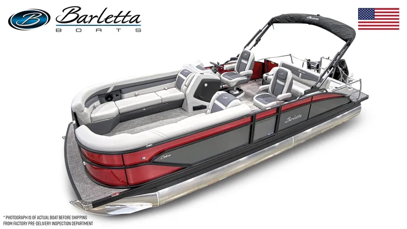 Slide: The Image of 2024 Barletta Cabrio 24UC pontoon boat with luxurious seating and sleek design. - 24