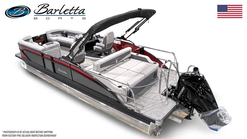 Slide: The Image of 2024 Barletta Cabrio 24UC pontoon boat with Mercury outboard motor. - 25