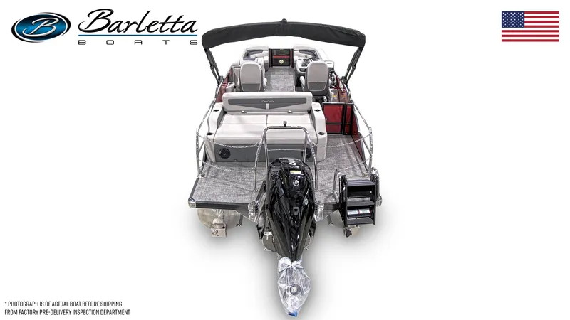 Slide: The Image of 2024 Barletta Cabrio 24UC pontoon boat, rear view with motor and seating. - 26