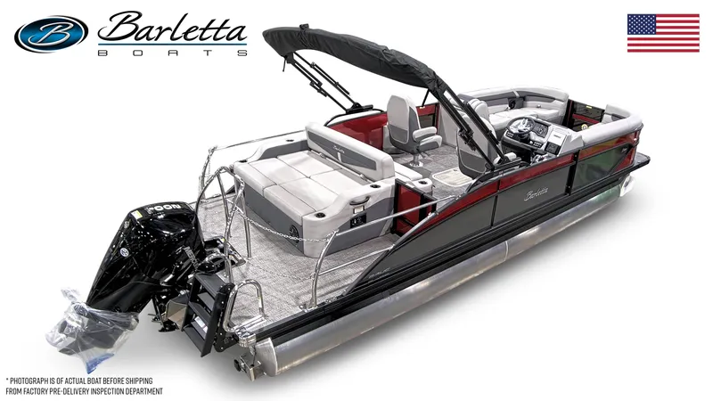 Slide: The Image of 2024 Barletta Cabrio 24UC pontoon boat with outboard motor and luxurious seating. - 27