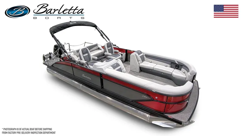 Slide: The Image of 2024 Barletta Cabrio 24UC pontoon boat with luxurious seating and sleek design. - 28