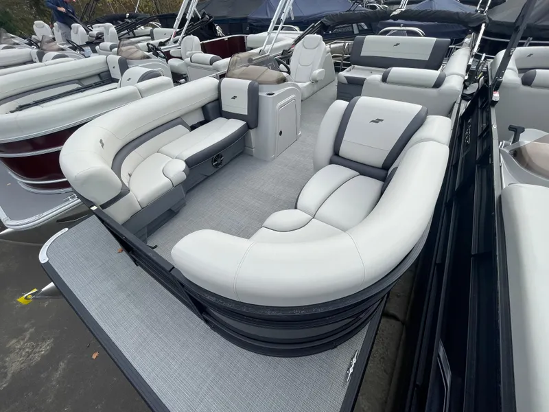 Slide: The Image of 2024 Starcraft EXS 3Q pontoon boat with luxurious seating and modern design. - 8