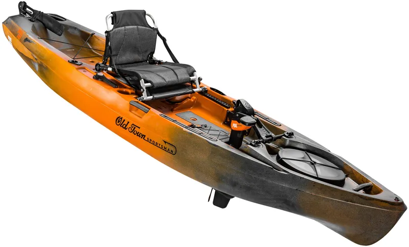Slide: The Image of 2023 Old Town Sportsman 120 PDL kayak, orange and black, with adjustable seat and pedal drive system. - 1