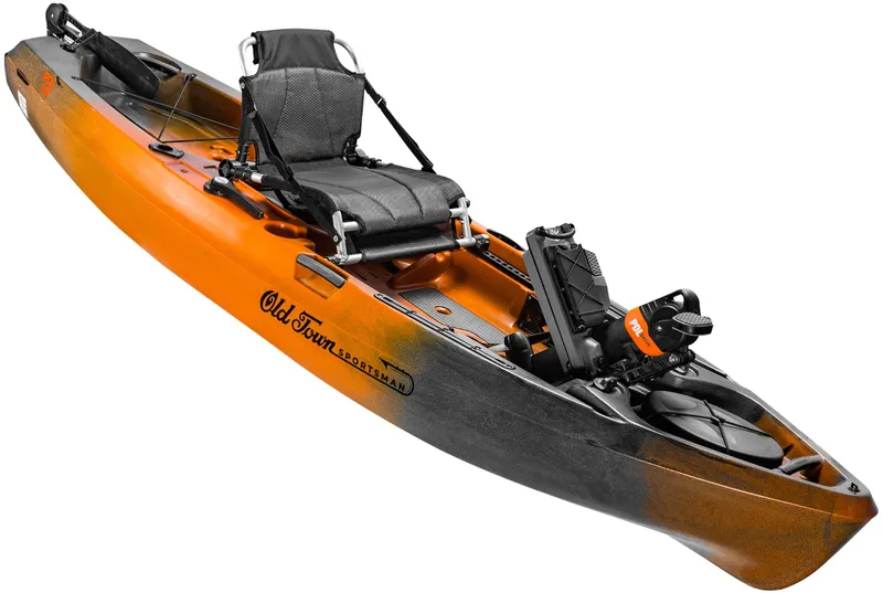 Slide: The Image of 2023 Old Town Sportsman 106 PDL kayak, orange and black, with adjustable seat and pedal drive system. - 1