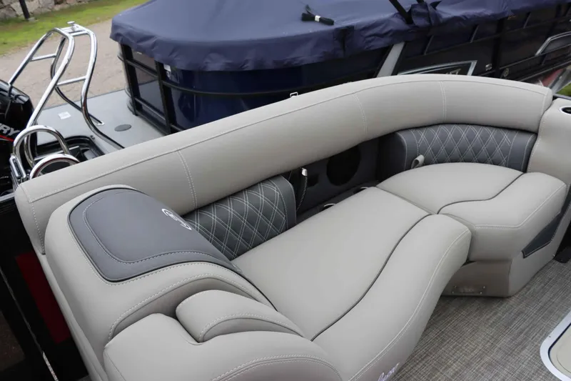 Slide: The Image of Luxurious seating on 2023 Barletta Lusso 23UCA pontoon boat, featuring elegant upholstery and design. - 17