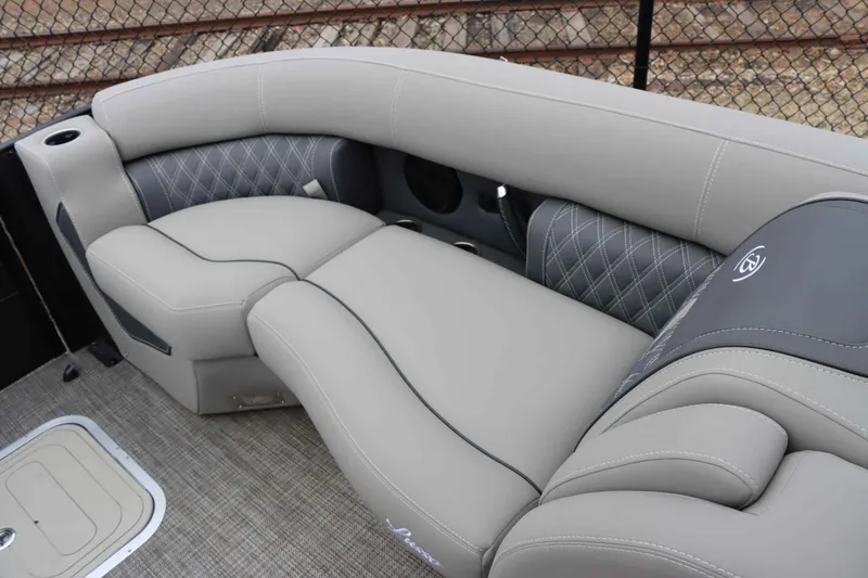 Slide: The Image of Luxurious seating on 2023 Barletta Lusso 23UCA boat, featuring elegant gray upholstery. - 18