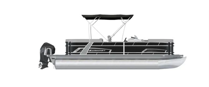 Slide: The Image of 2024 Starcraft EX 20R pontoon boat, side view, black and silver design. - 25