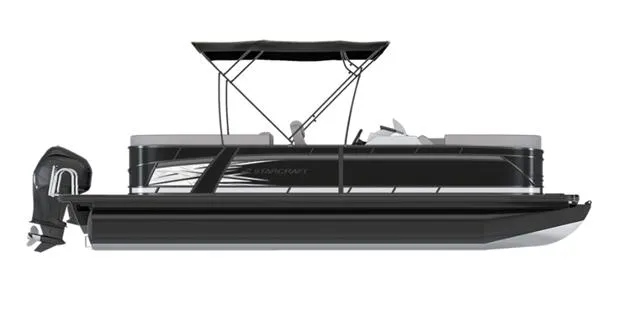 Slide: The Image of 2023 Starcraft CX 25DL BAR pontoon boat, side view with canopy and outboard motor. - 12